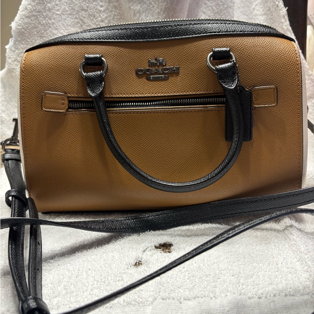 Coach Rowan in color block leather - Black/Tan/Chalk with pewter hardware